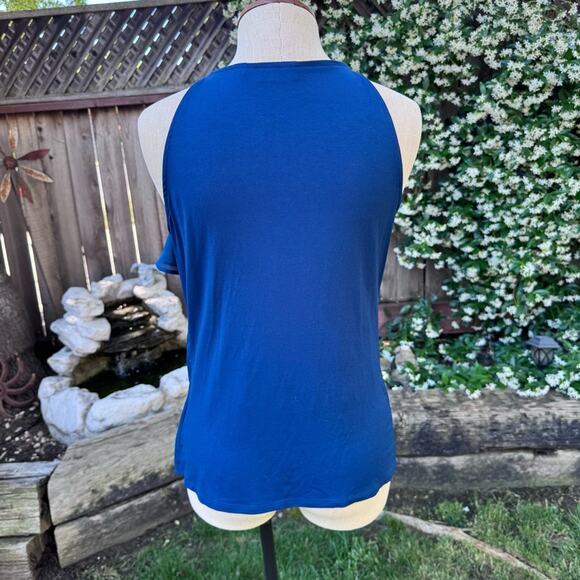 New York & Co Stretch Blue Halter Tank Blouse Metal Hardware Women’s Med - Picture 4 of 8